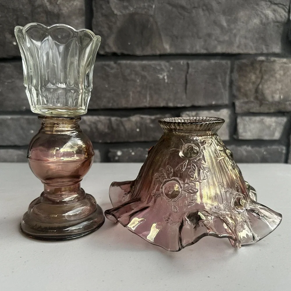 Vintage Fenton Cabbage Rose Glass Fairy Lamp Light Amethyst - 3 Piece - Cottage